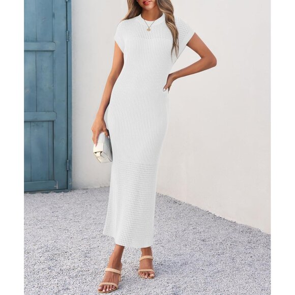 Womens Ribbed Knit Dress Casual Summer Maxi Cap Sleeve Crewneck S-XXL - Picture 4 of 4